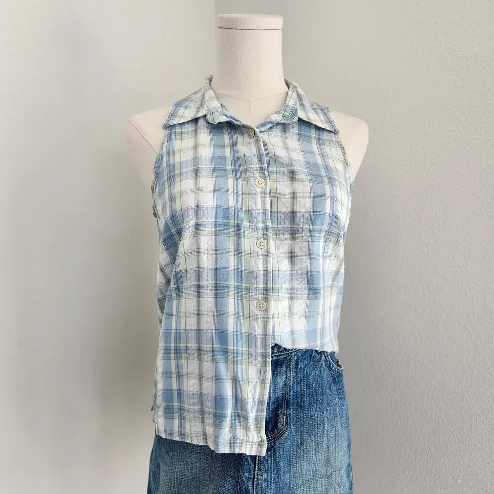 Vintage Y2K Faded Glory Blue White Plaid Sleeveless Button Down Top S Cottage - Picture 1 of 9